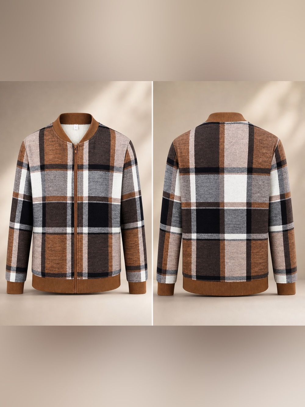 Othr Brown Black Gray Plaid Bomber Sweater